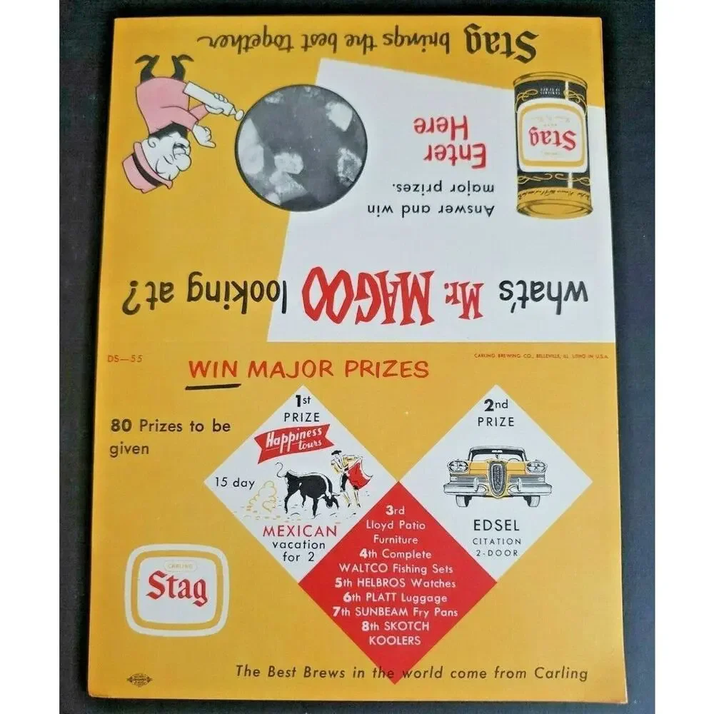 1955 Stag Beer Mr Magoo Flat Top Beer Can Edsel Car Carling Promo Table Top Sign